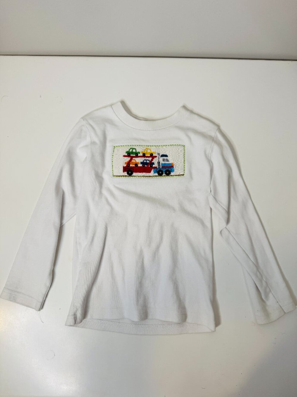 Viva La Fete Smocked Embroidered Long Sleeve Tee 4T White Car Transporter
